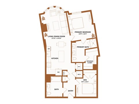 A brown floor plan of a house with a living/dining room, kitchen, bath, and two bedrooms.